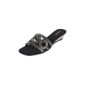 Metro Women's Black Faux Leather Embellished Circular Design Party Slides UK/3 EU/36 (35-1759)