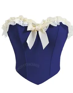 SIGHTBOMB OFF SHOULDER LACE TRIM MICRO FIBRE FEATHER TOUCH FABRIC BUSTIER CORSET FOR WOMEN (IN, Alpha, S, L, Regular, FREE, BLUE AND WHITE)
