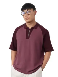 The Souled Store Plum Men and Boys Short Sleeve Spread Collar Solid Cotton Blend Breathable Lightweight Everyday Oversized Polos