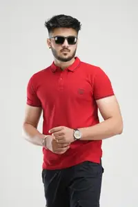 FOX PLAY Polo Neck Collared 100% Cotton Matty Solid Plain T Shirt for Men - Half Sleeve Smart Casual Wear (Large, Red)