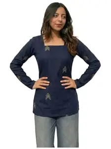 ANNI Designer Women’s Viscose Printed Short Kurti | Straight Fit Ethnic Top with Square Neck | Bell Sleeve Casual Indian Kurta for Office College, Party