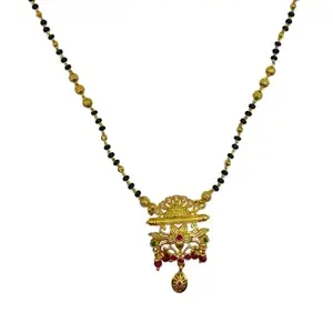 Digital Dress Room Short Mangalsutra Designs AD & Multi Stone Floral Pendant Single Line Gold & Black Beads Chain Stylish Gold Plated Necklace Fancy Mangalsutra Maharashtrian Tanmaniya Designs For Women (18 Inches)