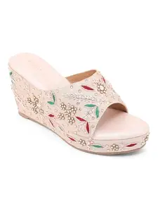 V-WALK Women's Ethnic-Embellished & Embroidered Slip-Ons Wedges | Ethnic, Festive Occasions, Shopping, Outdoor Women Heel Sandals | Heel Height: 3.5 Inches | Champagne