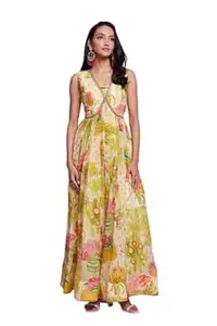 RANGPOSHAK Printed Organza Maxi Gown with Handwork, Yellow and Pink Floral Print, Sleeveless V-Neck, Fully Stitched