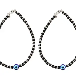 Avita Traders Crystal Beads Blue Evil Eye Anklet Set, Black Crystal and Silver Accents, 2-Piece for women & GIrls || Anklet length-26 cm.