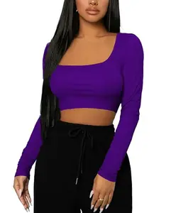 THE BLAZZE Women's Cotton Stylish Western Basic Solid Wear TV Oval Neck with Full/Long Sleeve Crop Top for Women L611 4174 (M, VLT)
