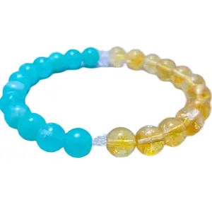 RRJEWELZ Natural Blue Jade & Citrine 8mm Round Shape Smooth Cut Beads 7 Inch Stretchable Bracelet For Men & Women. Unisex Bracelet For Healing, Meditation, Prosperity, Gift & Luck|STBR_RR_10738_7.0