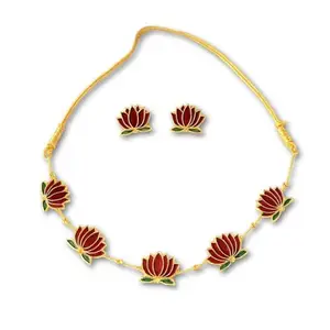 Lotus Floral Gold Plated Stylish Necklace Set with Ear ring Best use for Party Festival Daily Casual Wedding