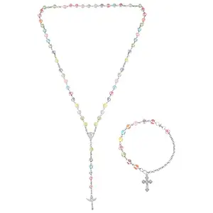 Memoir Ceramic printed Beads Colourful Christian Rosary Necklace & Bracelet Jesus Chrisitan Jewellery Combo Men Women (BLKL0999) (Pack of 2 Items)