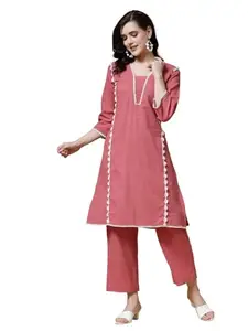 INDIBELLE Peach Solid Cotton Lace Work Co-ord Set