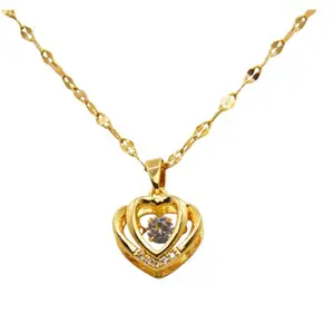 Titanium Steel IG Style Heart Shape Hollow Out Inlay Artificial Micro And Big Dancing Gemstones Chain Pendant Necklace Jewellery for Women & Girls (GOLD)