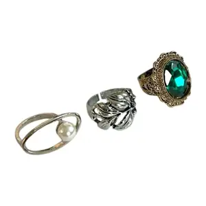ACCESSHER Adjustable Rings with Faux Pearl, Leaf Design, and Stone Centerpiece for Women and Girls, For Special occasions (Design 1, Green)
