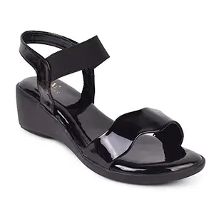 XE Looks Women's Black Wedge Sandals |Shine Glossy T-Strap Design | Comfortable Cushioned Footbed | Lightweight Slip-On Sandals For Girls & Women