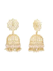 Atibelle gold-plated & white stone-studded floral - jaali-shaped beaded jhumkas