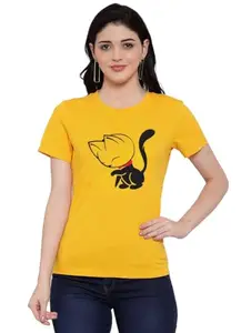 Arropa Estore's Women's Cotton Blend Cat Printed T-Shirt (Yellow, S)-PID45267