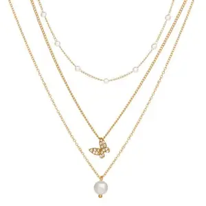 Layered Pearl Necklace Set with Crystal Butterfly Pendant, Gold Chain, 32-43cm Length, 5cm Extender