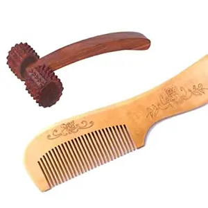 AB CRAFT set of 2 Wood Combo (LONG) | Women & Men | Natural & Eco Friendly | Wide Tooth Combo, Anti-Bacterial Styling Comb for All Hair Types and Wooden Neck massager (5x3 In)