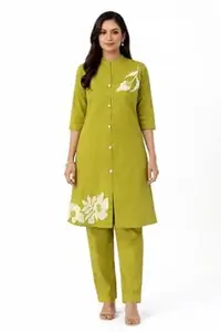 Women Mehendi Green Embroidered Kurta Pant Set | Round Hem Kurti with Floral Embroidery | Straight Pant | Casual