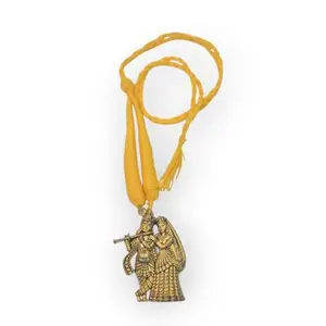 Traditional Radha Krishna Brass Pendant with Yellow Thread, Religious Necklace, Antique Gold Finish