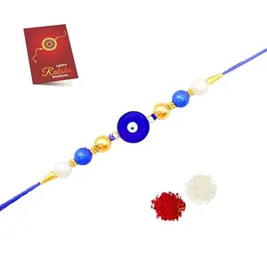JAIPUR ACE Rakhi Evil Eye Rakhi With Beads Stones Studded Raksha Bandhan Rakhi Elegant Colorful Dori With Greeting Card for Bro, Brother, Bhaiya, Bhai | Rakshabandhan (Round Evil Eye Rakhi)