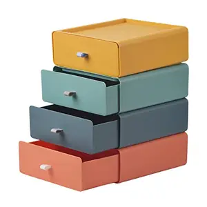 Amazon Brand - Umi 4 Pc Plastic Stackable Multi-layer Drawer Storage Box Stationery Jewelry Makeup Bathroom Office Accessories Tool Desktop Organizer Container - Random Color (Rectangular)