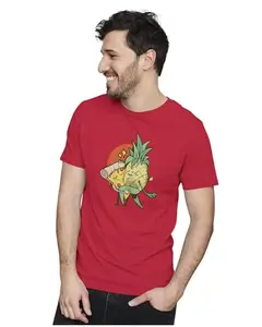 ALLEN BLACK Men's & Women's Regular Fit T-Shirt Forbidden Love - Pineapple & Pizza 100% Cotton Unise T-Shirt Red_PINEAPLE14-Red L Men Round_