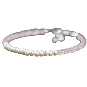 Lady Works Freshwater Pearl & Rose Quartz 3.5mm Round Shape Faceted & Smooth Cut Gemstone Beads 7 Inch Adjustable Silver Plated Clasp Bracelet| Lcbr_02935