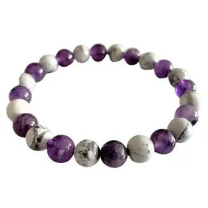 RRJEWELZ Natural Amethyst & Howlite 8mm Round Shape Smooth Cut Beads 8 Inch Stretchable Bracelet For Men & Women. Unisex Bracelet For Healing, Meditation, Prosperity, Gift & Luck|STBR_RR_09761_8.0
