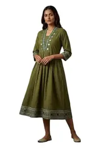 TOUCH OF KUTCH Cotton Frock Style Kurti with Mirror Work and Ajrakh Print, V Neck Long Kurti with 3/4 Sleeves, Side Pockets, Knee Length