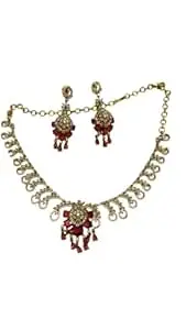 Plated Red Stone Necklace Set for Women, Crystal Studded Floral Design with Matching Earrings, Traditional Wedding & Party Jewelry