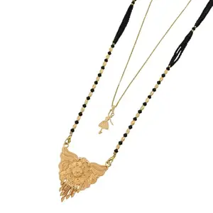 MALKYN Women's Gold-Plated Long Mangalsutra with a Detailed Winged Floral Pendant and Black Beaded Chain, Paired with a Dainty Adjustable Charm Necklace for a Layered and Elegant Look-MD-108