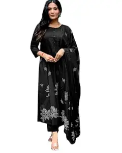 Honesst Ennterprise Women's Cotton Embroidery Floral Printed Long Straight Kurti With Pant And Dupatta Set