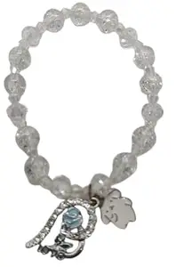 Crystal Glass Beaded Bracelet, 18 cm, Silver-tone Floral Pendant, Clear and Black Beads with Tassel (WHITE)