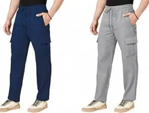 RIKSAW Men's Cargo Polyester Pants for Men || Regular Fit Mid Rise Cargo Joggers Solid Pants (Pack of 2) (CG_05 Combo)