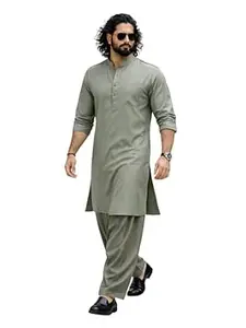 VASTRAMAY Men Swiss Slub Cotton Pathani Kurta with Silk Blend Patiala | Eid Festive Set