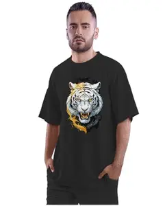ALLEN BLACK Oversized T-Shirt Fiery Tiger Men's Women's Unise 100% Cotton Black_FIER5OSX-Black 2XL Oversized_