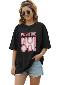 TQH Round Neck Half Sleeve Cotton Blend Oversized Tshirt for Women, Round Neck Longline Printed Drop Shoulder Loose Fit T-Shirt for Women
