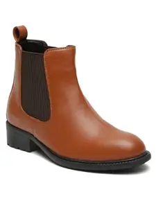 Bruno Manetti Women's Tan Slipon with Both side Ripped Elastic Ankle Length Comfort Mid Top Flat Chelsea Boots