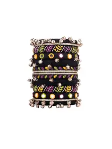 Taasha Craft Black hand-painted bangles with mirror and ghughroos A bold festive pick for Navratri nights and Garba twirls (Size: 2.12, Set of 10)