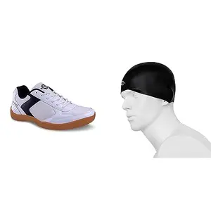 Nivia Flash Shoe Badminton Shoes for Mens (White Blue) UK - 6 Classic Silicone Swimming Cap for Adults (Black)