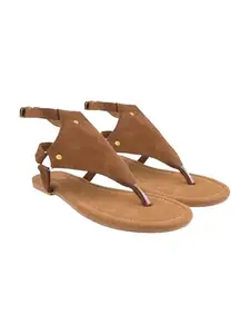 Shoetopia Women’s Tan Suede Flat Sandals – Stylish Toe Ring T-Strap with Ankle Buckle, Comfortable Summer & Casual EU37