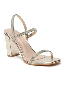 Bruno Manetti women's Golden Slipon Back Strap with Upper Stone Strap Square Toe comfort Heel Sandals