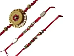 Rakh Rani Arts Hand Made kundan stone wihh red thread rakhi for brotherEco friendly Rakhis threads (red yellow 3)