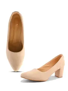 XE Looks Classic Cream Pumps | Chic Suede Finish | Comfortable Block Heel For Girls & Womens