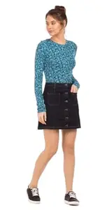 Tripursundari Fashion Washed Black Front Pocket Buttoned Straight Mini Denim Skirt (34)