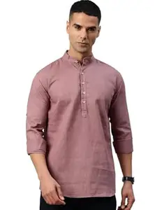 Majestic Man Men's Pure Cotton Solid Mandarin Collar Slim Fit Roll-Up Sleeves Short Kurta