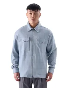 The Souled Store Blue Windowpane Men and Boys Long Sleeve Zipper Front Collared Neck Oversized Fit Shackets