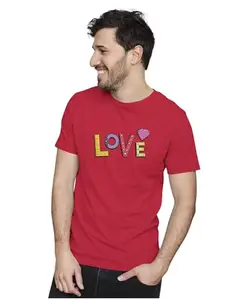 ALLEN BLACK Men's & Women's Regular Fit T-Shirt Love Stitched Lettering 100% Cotton Unise T-Shirt Red_STITCHED17-Red 2XL Men Round_