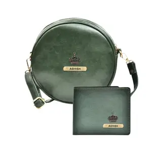 Your Gift Studio : Classy Leather Customized Chained Sling Bag Round + Men's Wallet - Green Green