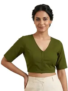 Yash Gallery Women’s Stretchable Rayon Lycra V-Neck Short Sleeve Front Open with Hook Stylish Crop Blouse Top for Ethnic Beige Designer Festive Choli Blouse